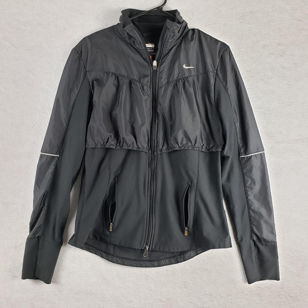 Nike Womens L Full Zip Windbreaker Rain Jacket Solid Black Sporty Athletic Retro